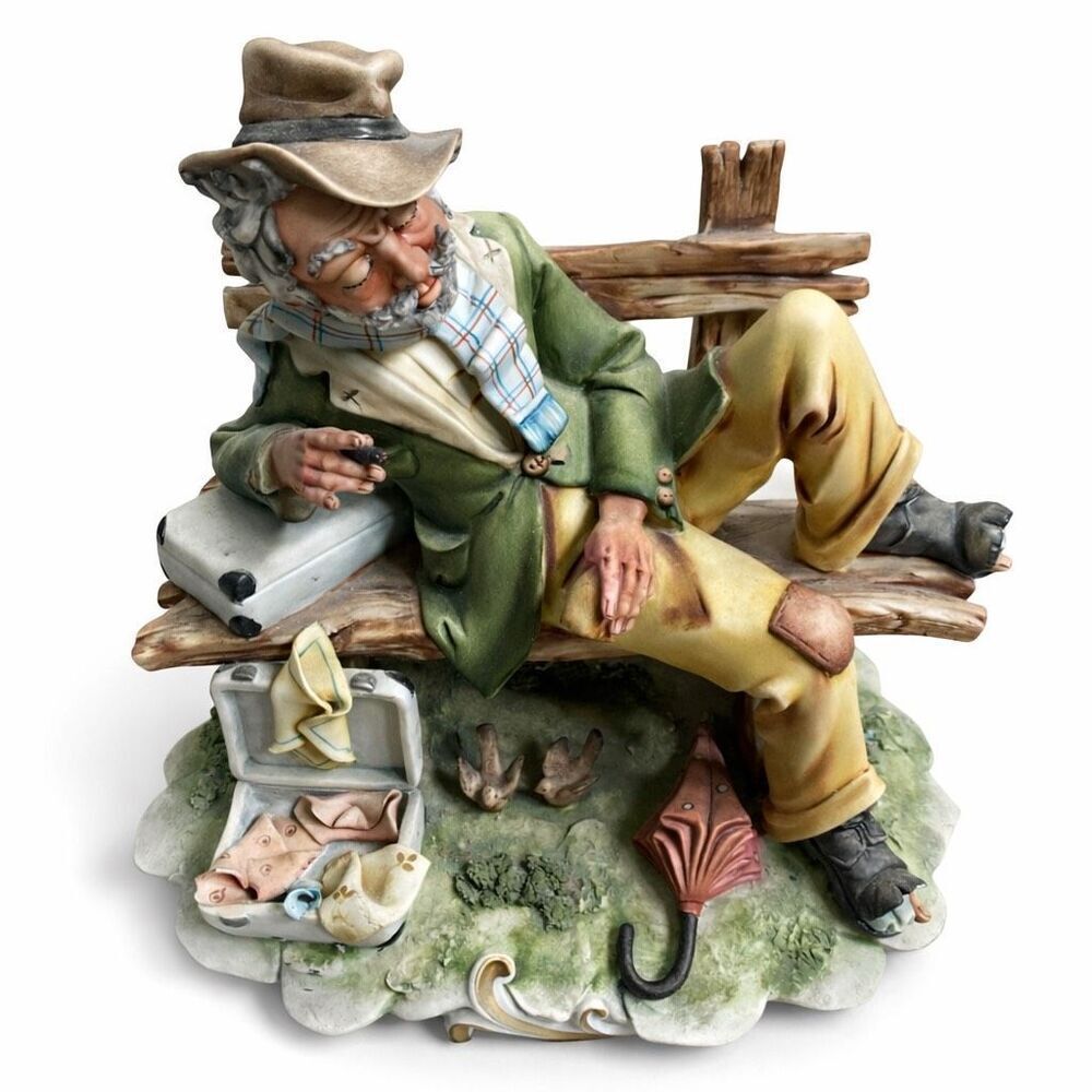 Capodimonte Cortese Figurine Old Man on Bench Italy Porcelain Signed N Crown Mar